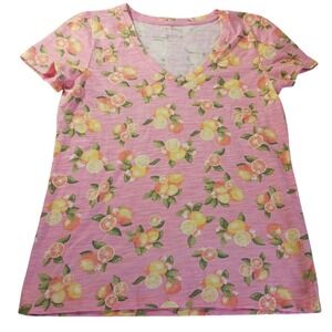 Talbots‎ Citrus Print Slub Tee S V-Neck Short Sleeve Pink Fruit Graphic Top